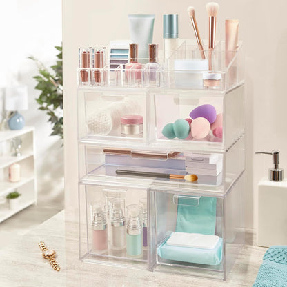 Audrey Stackable Clear Bin Plastic Organizer Drawer | Organize Eyeshadow Palettes, Cosmetics, and Beauty Supplies on a Vanity | Made in USA