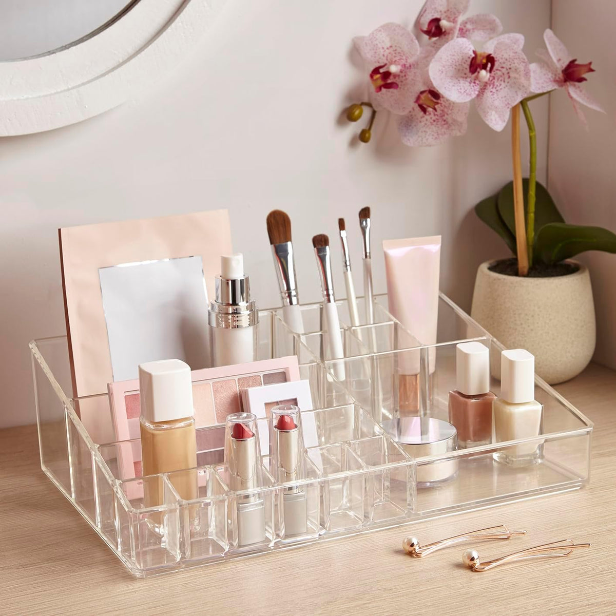 Audrey Stackable Clear Bin Plastic Organizer Drawer | Organize Eyeshadow Palettes, Cosmetics, and Beauty Supplies on a Vanity | Made in USA