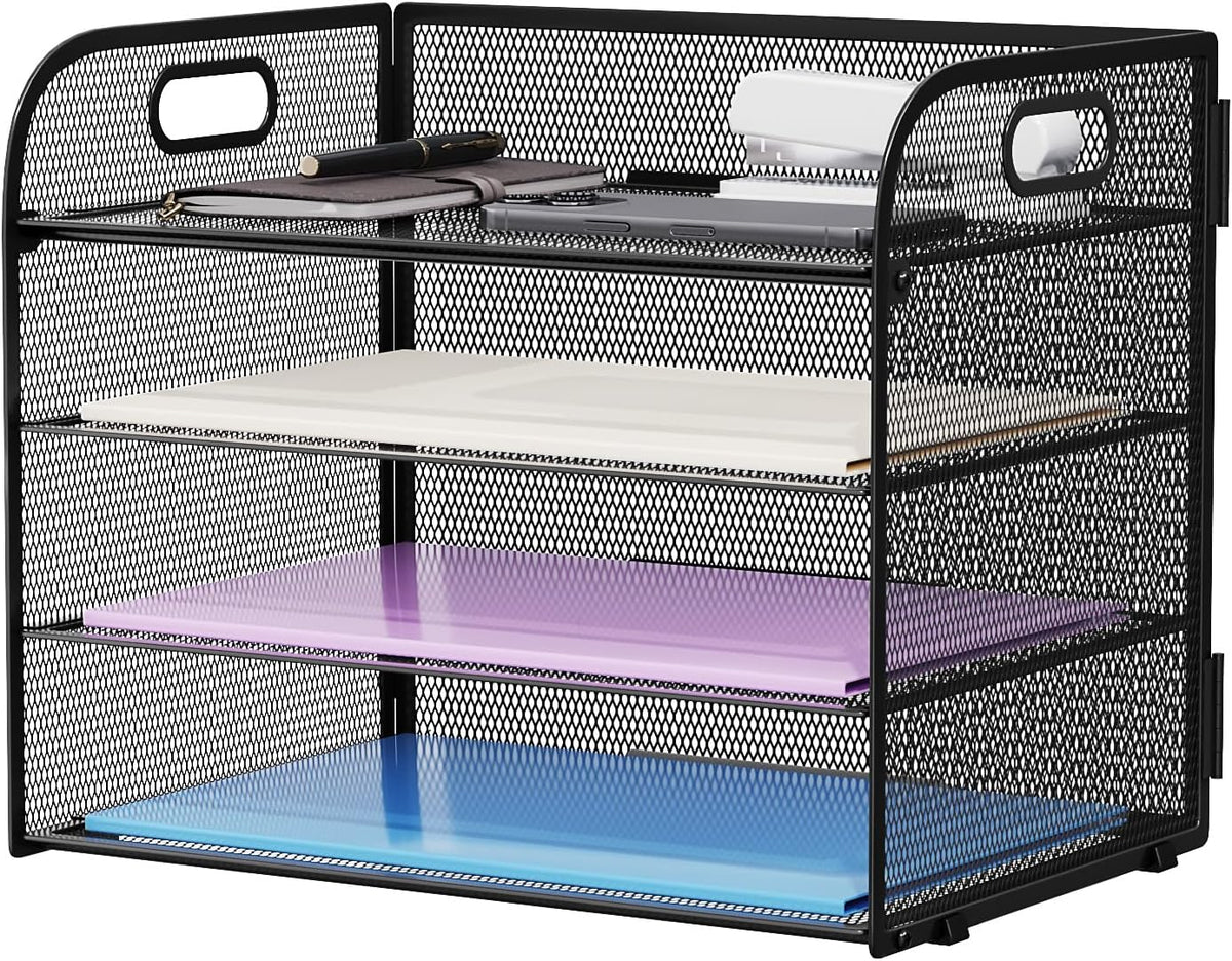 4 Tier Paper Organizer Letter Tray - Mesh Desk File Organizer with Handle, Paper Sorter Organizer for Letter/A4 Office File Folder Holder (Black, 12.6" x 9.1" x 10.7")