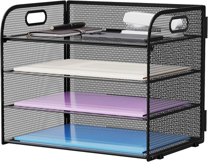 4 Tier Paper Organizer Letter Tray - Mesh Desk File Organizer with Handle, Paper Sorter Organizer for Letter/A4 Office File Folder Holder (Black, 12.6" x 9.1" x 10.7")