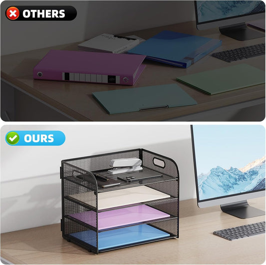 4 Tier Paper Organizer Letter Tray - Mesh Desk File Organizer with Handle, Paper Sorter Organizer for Letter/A4 Office File Folder Holder (Black, 12.6" x 9.1" x 10.7")