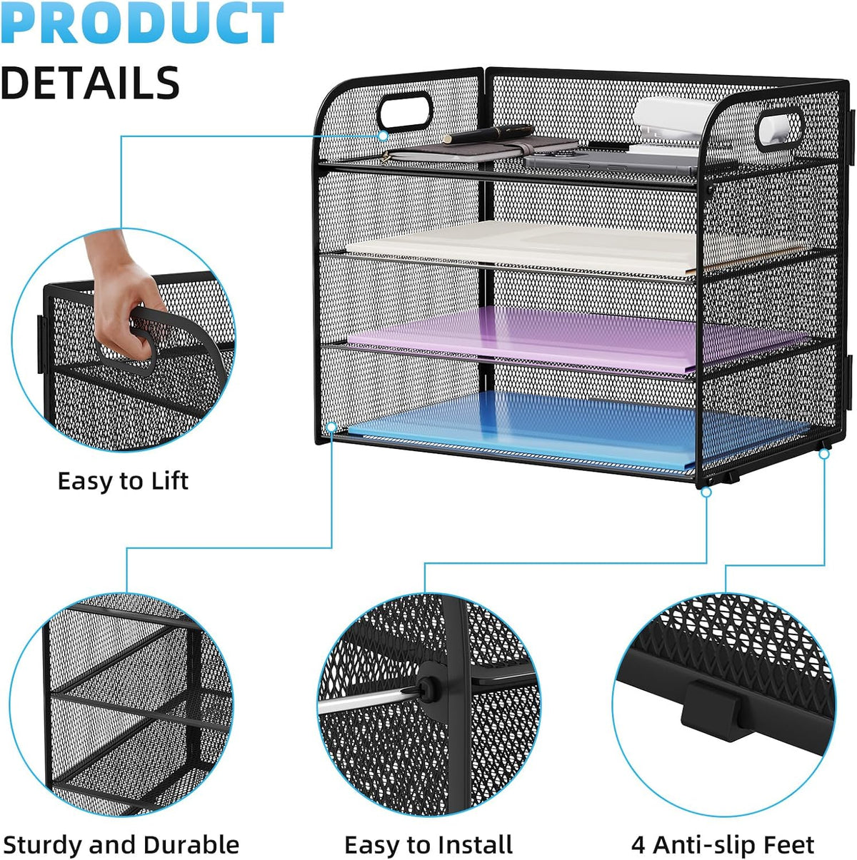 4 Tier Paper Organizer Letter Tray - Mesh Desk File Organizer with Handle, Paper Sorter Organizer for Letter/A4 Office File Folder Holder (Black, 12.6" x 9.1" x 10.7")