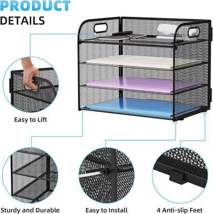 4 Tier Paper Organizer Letter Tray - Mesh Desk File Organizer with Handle, Paper Sorter Organizer for Letter/A4 Office File Folder Holder (Black, 12.6" x 9.1" x 10.7")