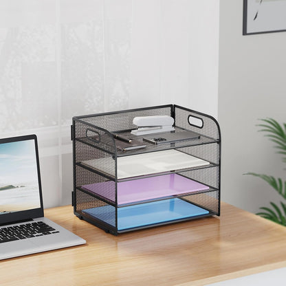 4 Tier Paper Organizer Letter Tray - Mesh Desk File Organizer with Handle, Paper Sorter Organizer for Letter/A4 Office File Folder Holder (Black, 12.6" x 9.1" x 10.7")