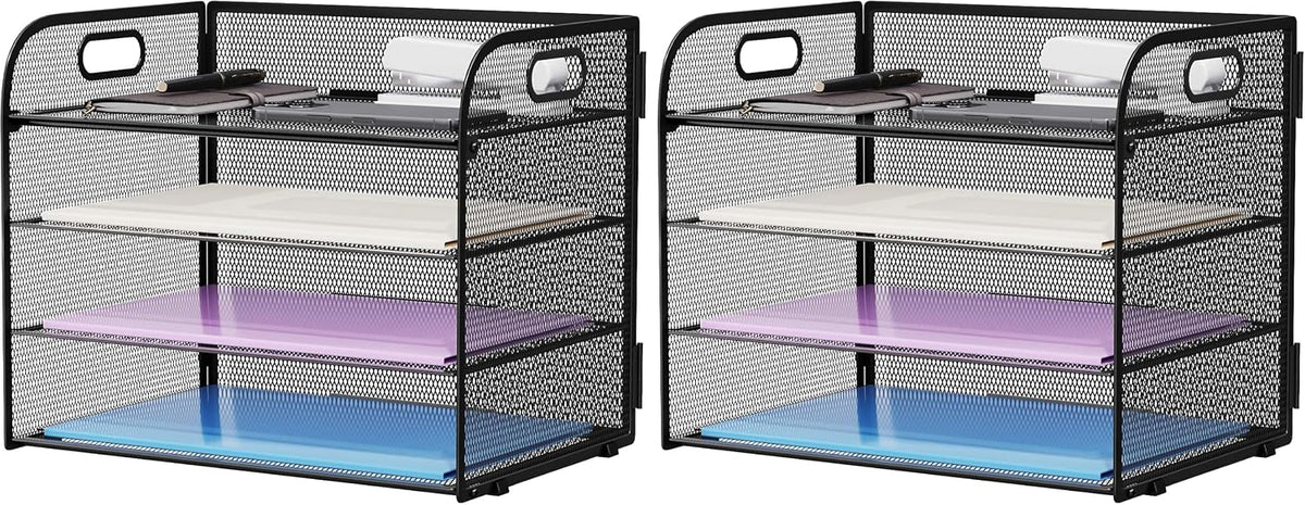4 Tier Paper Organizer Letter Tray - Mesh Desk File Organizer with Handle, Paper Sorter Organizer for Letter/A4 Office File Folder Holder (Black, 12.6" x 9.1" x 10.7")