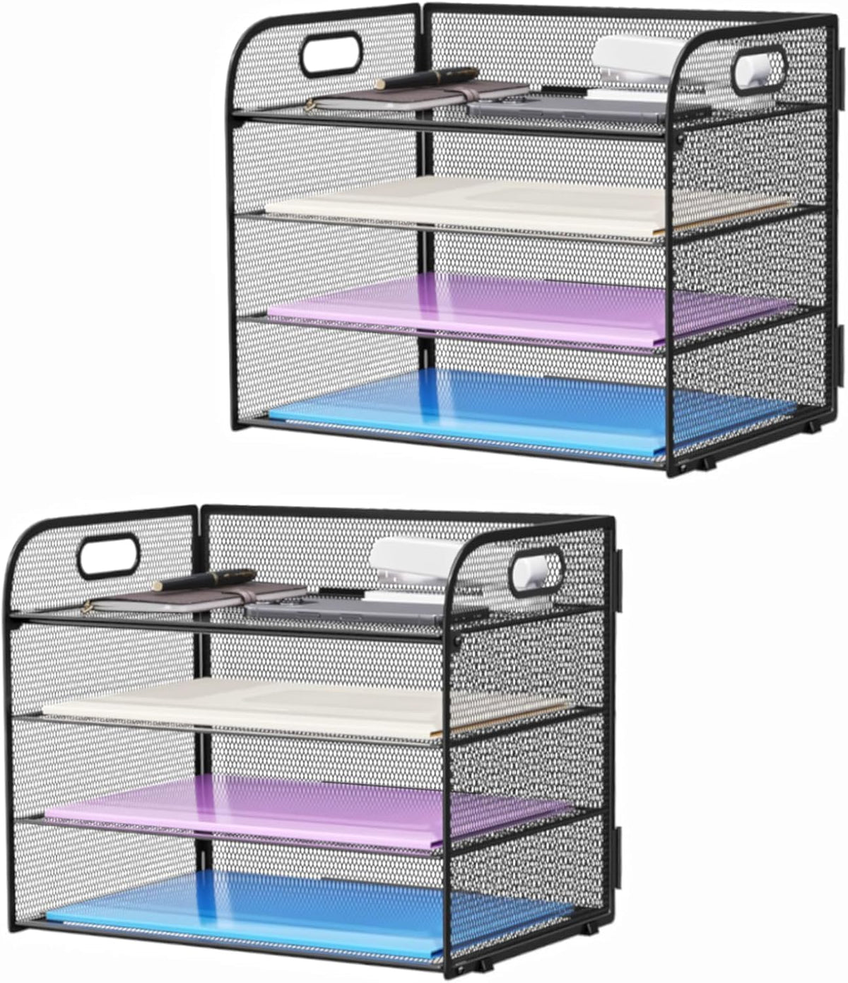 4 Tier Paper Organizer Letter Tray - Mesh Desk File Organizer with Handle, Paper Sorter Organizer for Letter/A4 Office File Folder Holder (Black, 12.6" x 9.1" x 10.7")