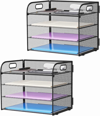 4 Tier Paper Organizer Letter Tray - Mesh Desk File Organizer with Handle, Paper Sorter Organizer for Letter/A4 Office File Folder Holder (Black, 12.6" x 9.1" x 10.7")