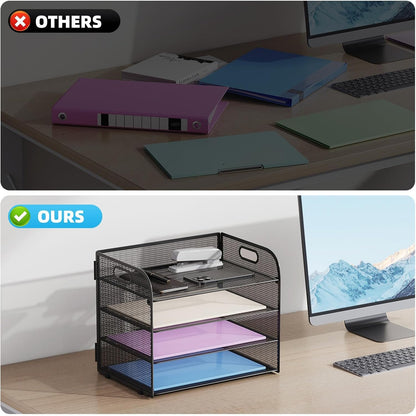 4 Tier Paper Organizer Letter Tray - Mesh Desk File Organizer with Handle, Paper Sorter Organizer for Letter/A4 Office File Folder Holder (Black, 12.6" x 9.1" x 10.7")