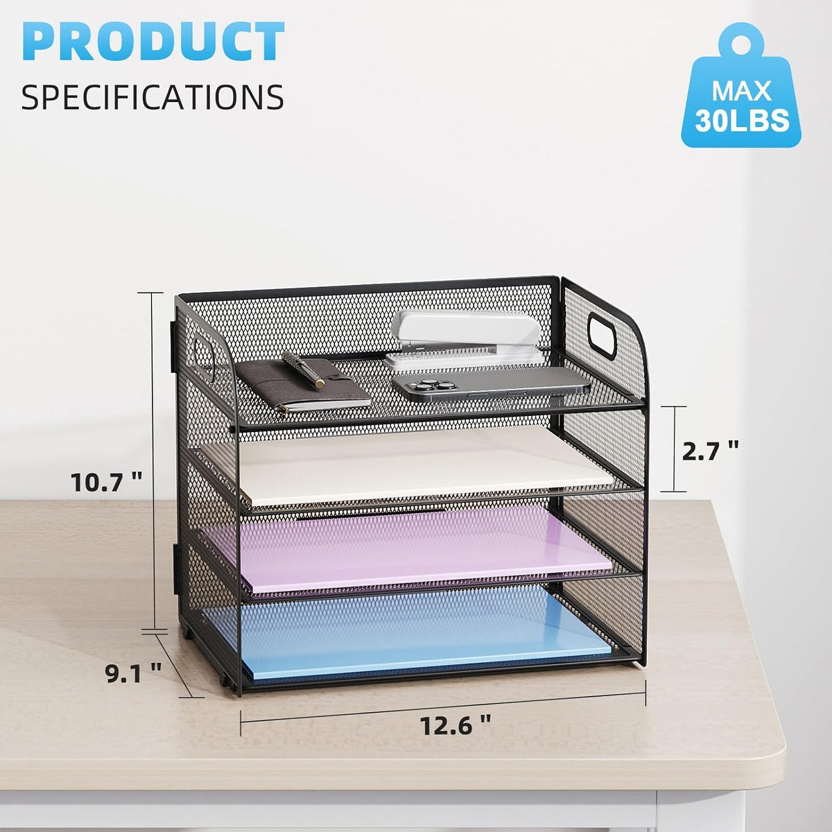 4 Tier Paper Organizer Letter Tray - Mesh Desk File Organizer with Handle, Paper Sorter Organizer for Letter/A4 Office File Folder Holder (Black, 12.6" x 9.1" x 10.7")