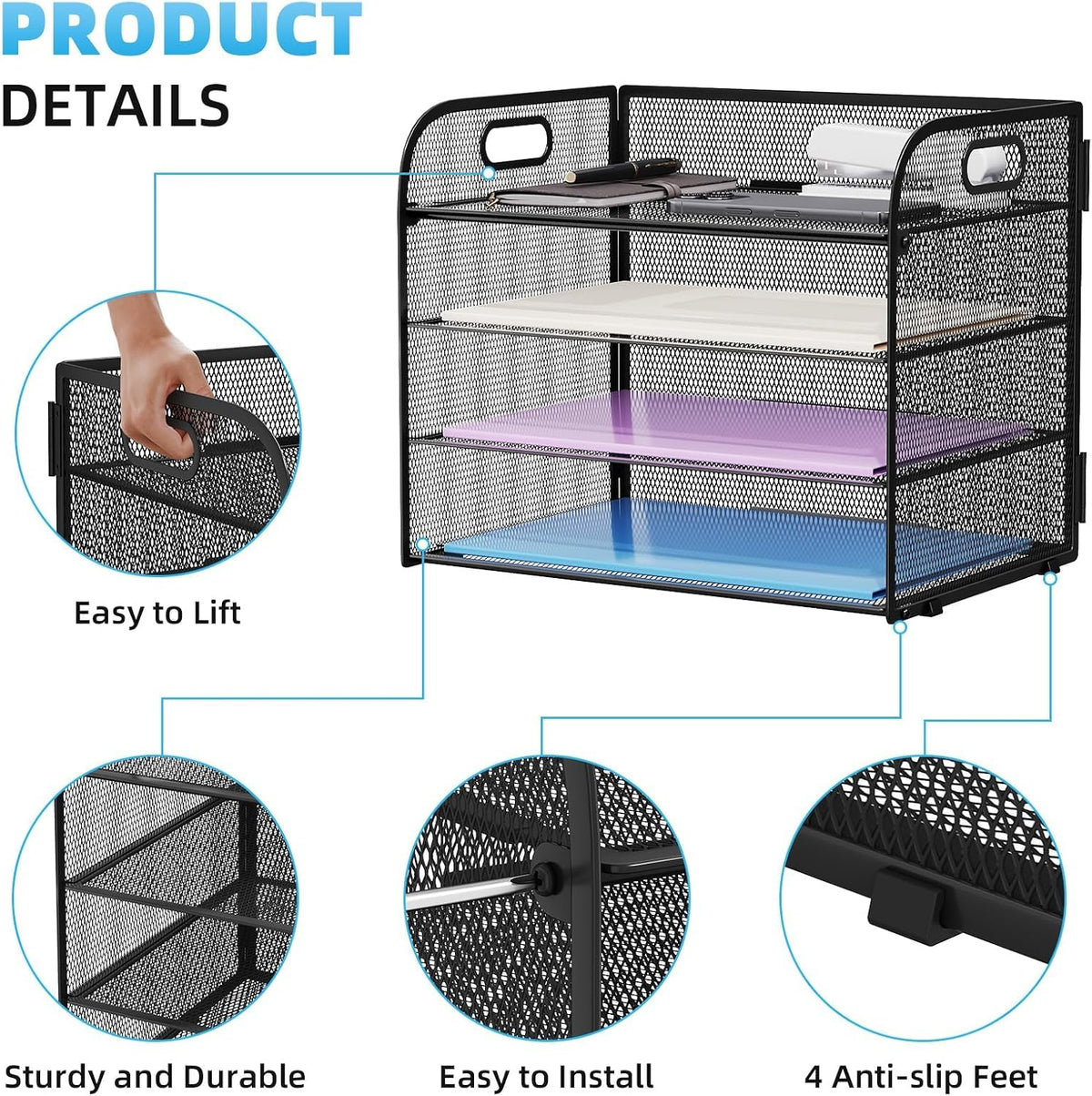 4 Tier Paper Organizer Letter Tray - Mesh Desk File Organizer with Handle, Paper Sorter Organizer for Letter/A4 Office File Folder Holder (Black, 12.6" x 9.1" x 10.7")