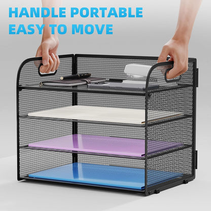 4 Tier Paper Organizer Letter Tray - Mesh Desk File Organizer with Handle, Paper Sorter Organizer for Letter/A4 Office File Folder Holder (Black, 12.6" x 9.1" x 10.7")