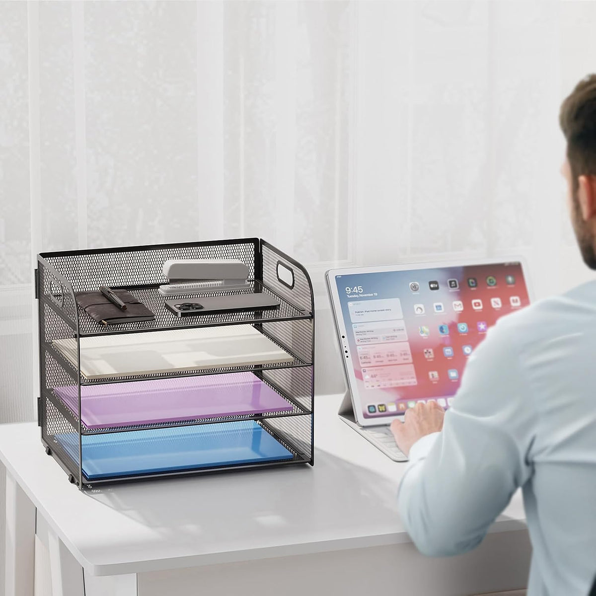 4 Tier Paper Organizer Letter Tray - Mesh Desk File Organizer with Handle, Paper Sorter Organizer for Letter/A4 Office File Folder Holder (Black, 12.6" x 9.1" x 10.7")