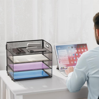 4 Tier Paper Organizer Letter Tray - Mesh Desk File Organizer with Handle, Paper Sorter Organizer for Letter/A4 Office File Folder Holder (Black, 12.6" x 9.1" x 10.7")