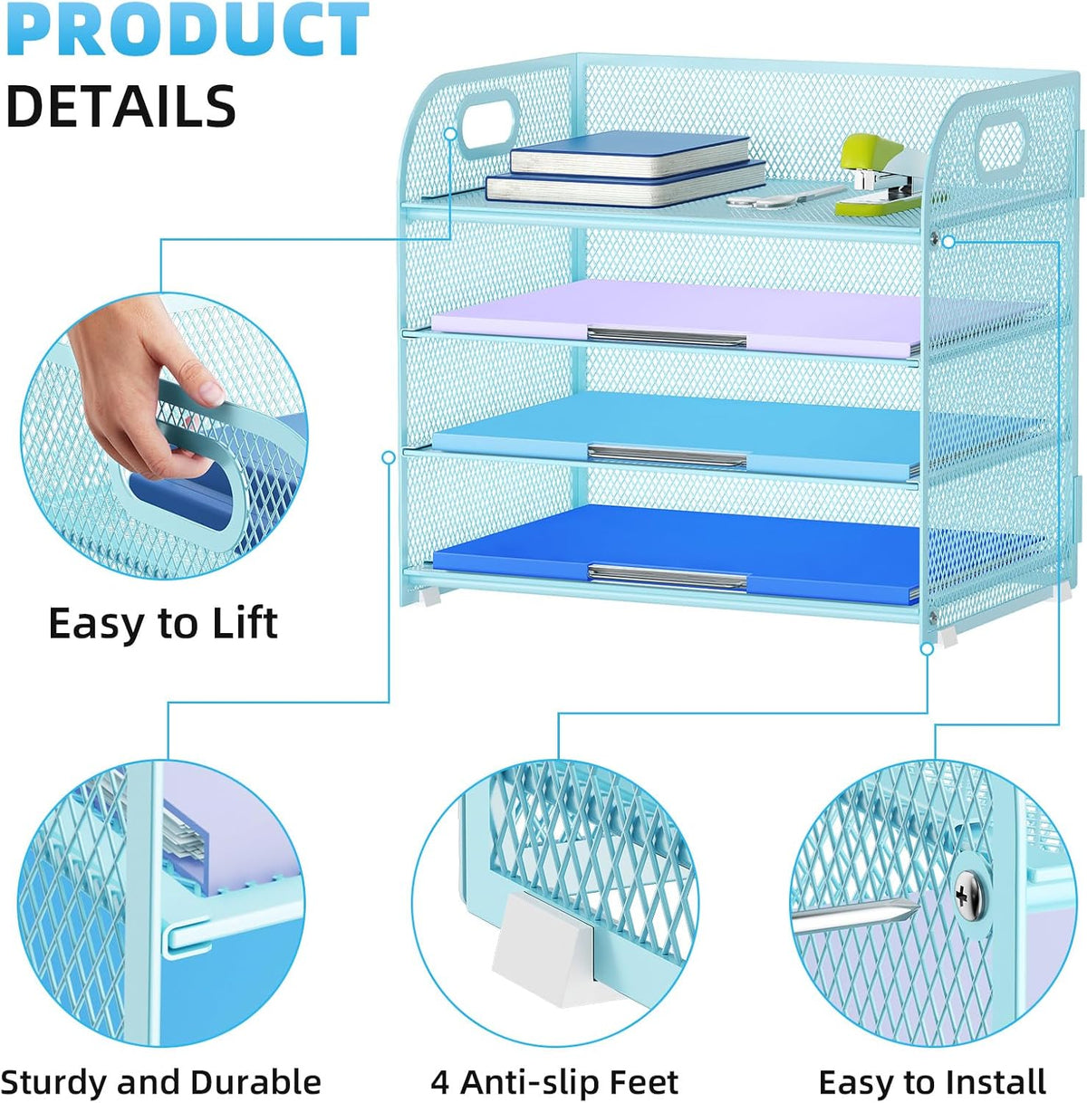4 Tier Paper Organizer Letter Tray - Mesh Desk File Organizer with Handle, Paper Sorter Organizer for Letter/A4 Office File Folder Holder (Black, 12.6" x 9.1" x 10.7")