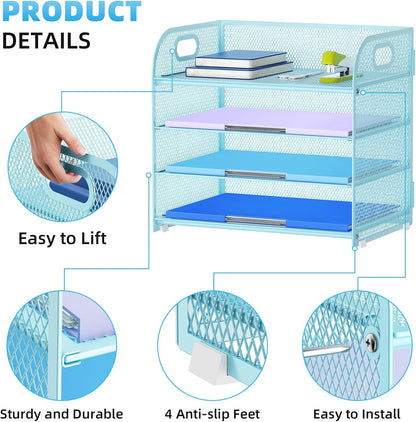 4 Tier Paper Organizer Letter Tray - Mesh Desk File Organizer with Handle, Paper Sorter Organizer for Letter/A4 Office File Folder Holder (Black, 12.6" x 9.1" x 10.7")