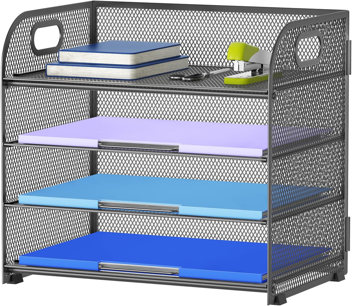 4 Tier Paper Organizer Letter Tray - Mesh Desk File Organizer with Handle, Paper Sorter Organizer for Letter/A4 Office File Folder Holder (Black, 12.6" x 9.1" x 10.7")