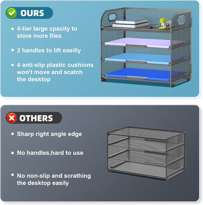 4 Tier Paper Organizer Letter Tray - Mesh Desk File Organizer with Handle, Paper Sorter Organizer for Letter/A4 Office File Folder Holder (Black, 12.6" x 9.1" x 10.7")