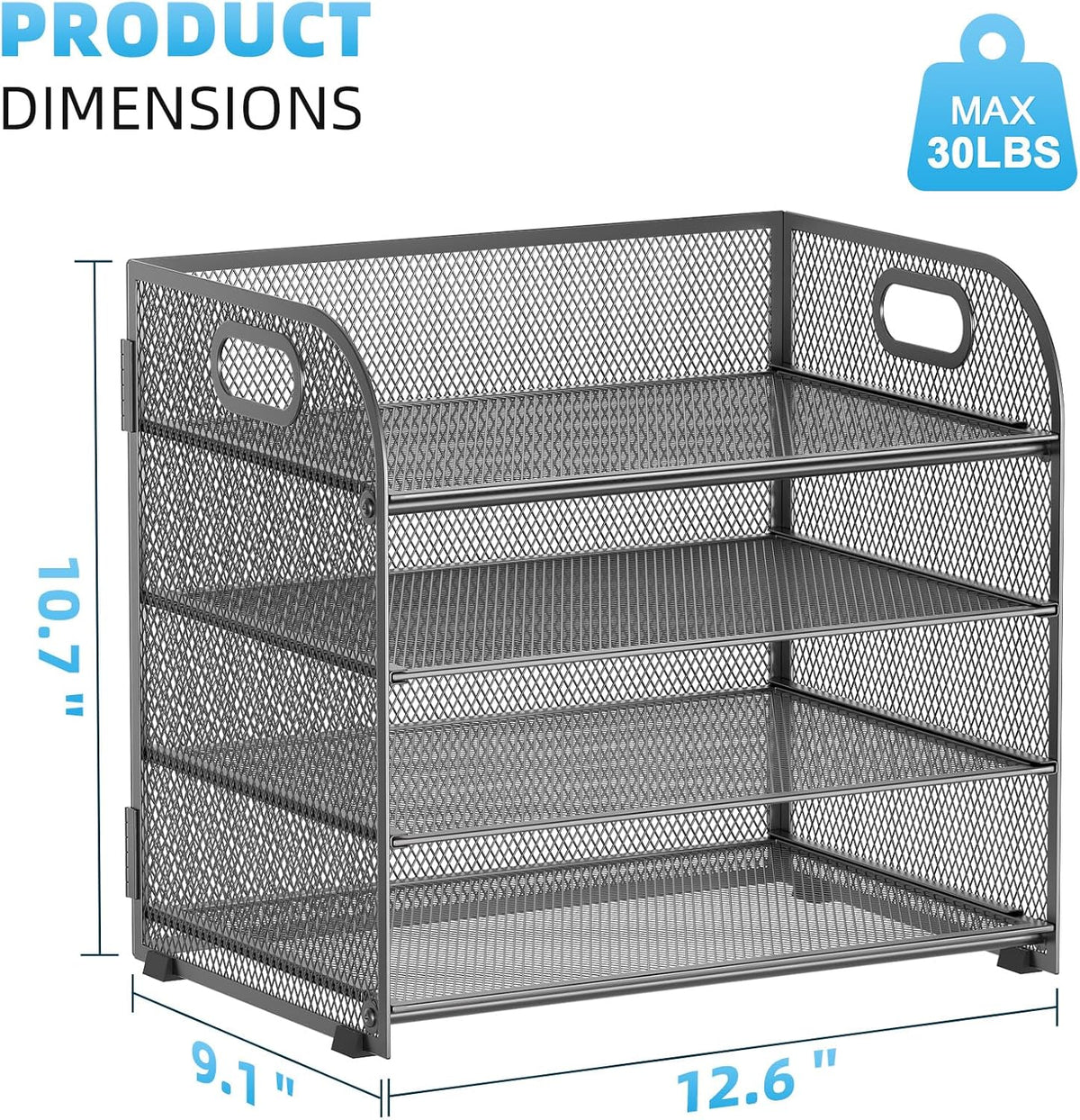 4 Tier Paper Organizer Letter Tray - Mesh Desk File Organizer with Handle, Paper Sorter Organizer for Letter/A4 Office File Folder Holder (Black, 12.6" x 9.1" x 10.7")
