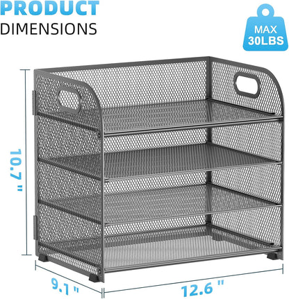 4 Tier Paper Organizer Letter Tray - Mesh Desk File Organizer with Handle, Paper Sorter Organizer for Letter/A4 Office File Folder Holder (Black, 12.6" x 9.1" x 10.7")