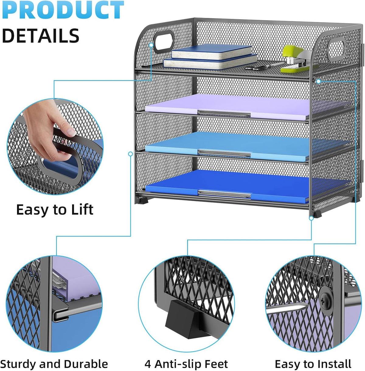 4 Tier Paper Organizer Letter Tray - Mesh Desk File Organizer with Handle, Paper Sorter Organizer for Letter/A4 Office File Folder Holder (Black, 12.6" x 9.1" x 10.7")