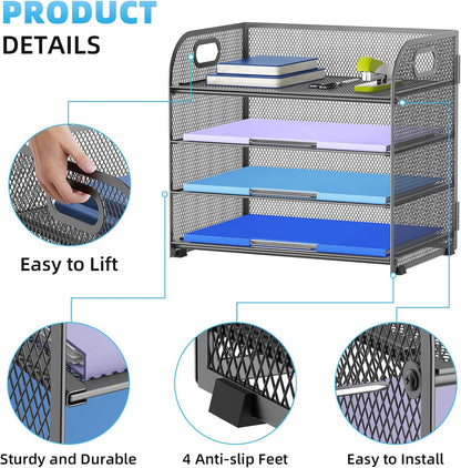 4 Tier Paper Organizer Letter Tray - Mesh Desk File Organizer with Handle, Paper Sorter Organizer for Letter/A4 Office File Folder Holder (Black, 12.6" x 9.1" x 10.7")