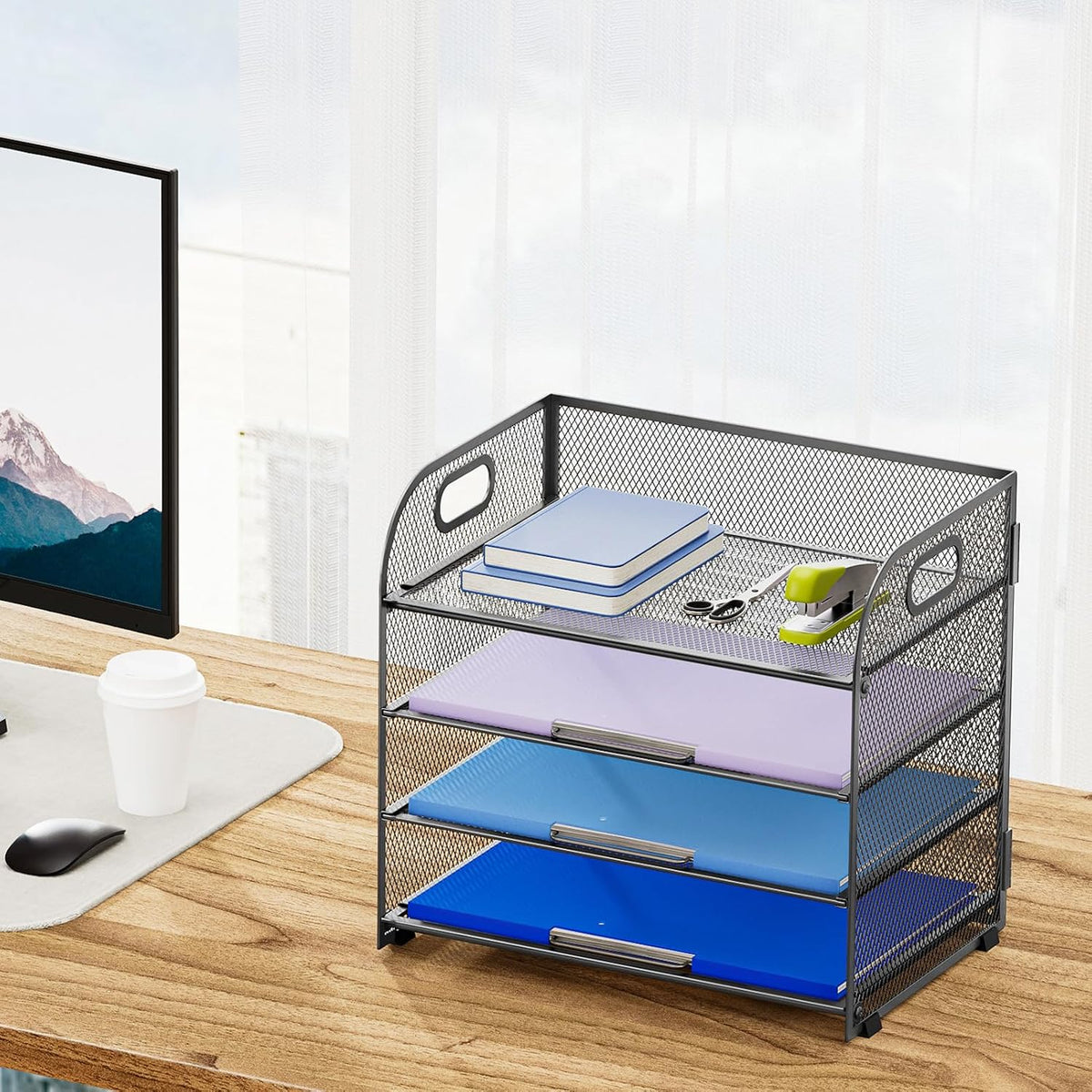 4 Tier Paper Organizer Letter Tray - Mesh Desk File Organizer with Handle, Paper Sorter Organizer for Letter/A4 Office File Folder Holder (Black, 12.6" x 9.1" x 10.7")