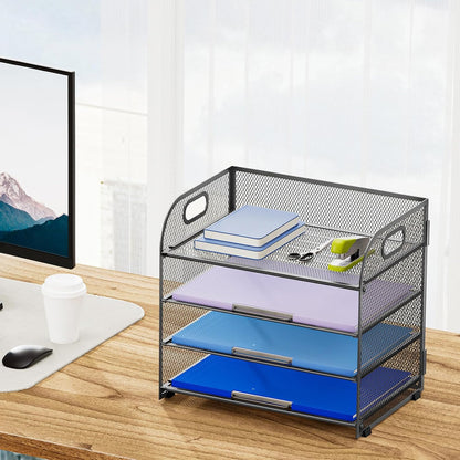 4 Tier Paper Organizer Letter Tray - Mesh Desk File Organizer with Handle, Paper Sorter Organizer for Letter/A4 Office File Folder Holder (Black, 12.6" x 9.1" x 10.7")