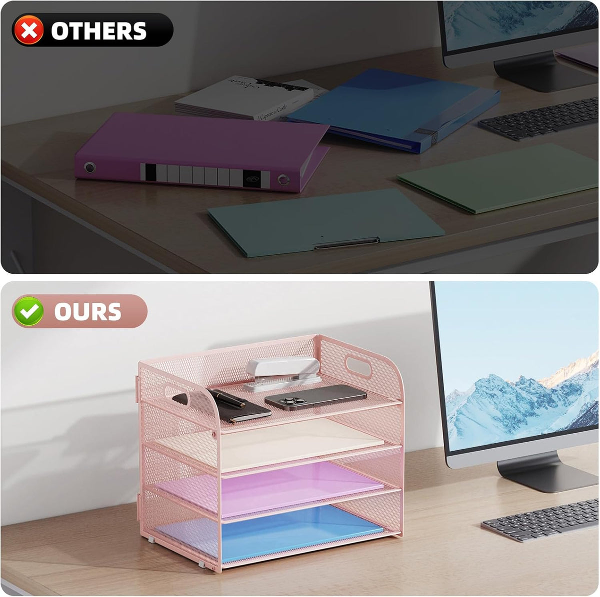 4 Tier Paper Organizer Letter Tray - Mesh Desk File Organizer with Handle, Paper Sorter Organizer for Letter/A4 Office File Folder Holder (Black, 12.6" x 9.1" x 10.7")