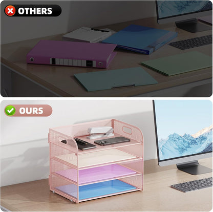 4 Tier Paper Organizer Letter Tray - Mesh Desk File Organizer with Handle, Paper Sorter Organizer for Letter/A4 Office File Folder Holder (Black, 12.6" x 9.1" x 10.7")