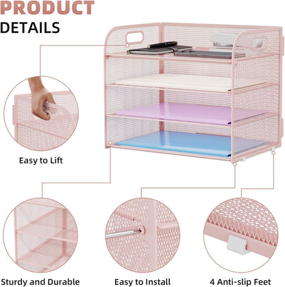 4 Tier Paper Organizer Letter Tray - Mesh Desk File Organizer with Handle, Paper Sorter Organizer for Letter/A4 Office File Folder Holder (Black, 12.6" x 9.1" x 10.7")