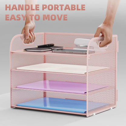 4 Tier Paper Organizer Letter Tray - Mesh Desk File Organizer with Handle, Paper Sorter Organizer for Letter/A4 Office File Folder Holder (Black, 12.6" x 9.1" x 10.7")