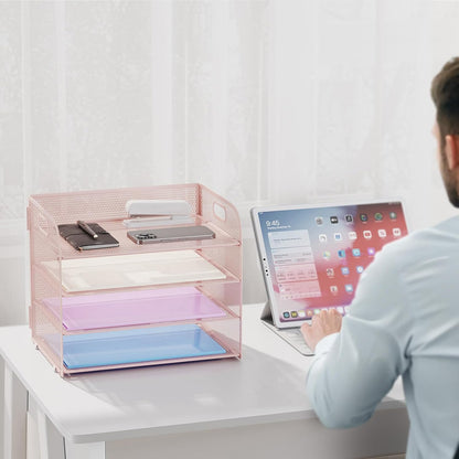 4 Tier Paper Organizer Letter Tray - Mesh Desk File Organizer with Handle, Paper Sorter Organizer for Letter/A4 Office File Folder Holder (Black, 12.6" x 9.1" x 10.7")