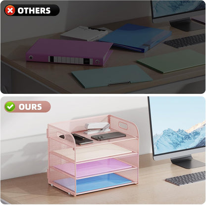 4 Tier Paper Organizer Letter Tray - Mesh Desk File Organizer with Handle, Paper Sorter Organizer for Letter/A4 Office File Folder Holder (Black, 12.6" x 9.1" x 10.7")