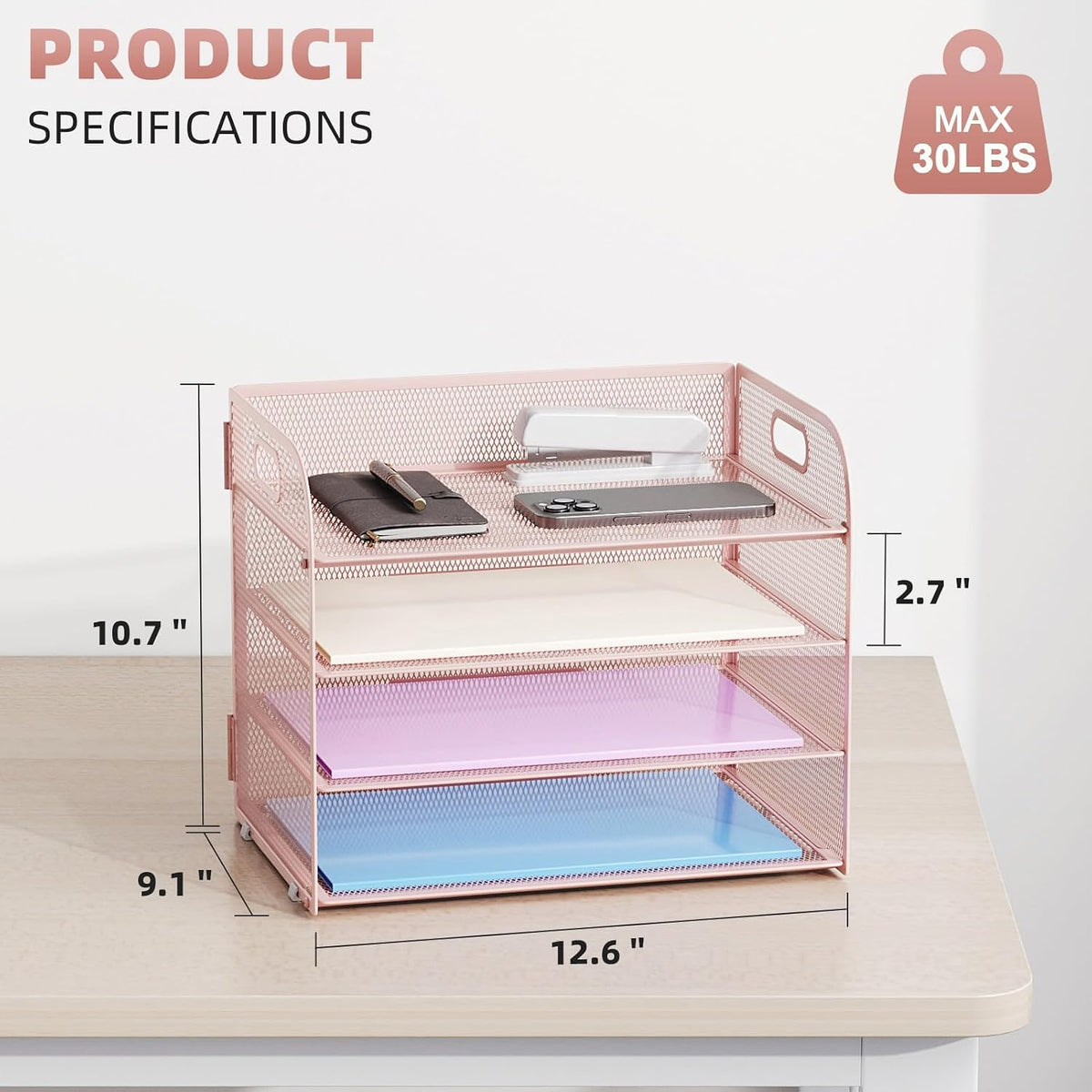 4 Tier Paper Organizer Letter Tray - Mesh Desk File Organizer with Handle, Paper Sorter Organizer for Letter/A4 Office File Folder Holder (Black, 12.6" x 9.1" x 10.7")