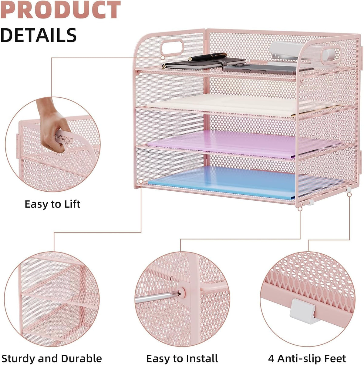 4 Tier Paper Organizer Letter Tray - Mesh Desk File Organizer with Handle, Paper Sorter Organizer for Letter/A4 Office File Folder Holder (Black, 12.6" x 9.1" x 10.7")