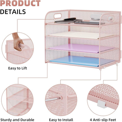 4 Tier Paper Organizer Letter Tray - Mesh Desk File Organizer with Handle, Paper Sorter Organizer for Letter/A4 Office File Folder Holder (Black, 12.6" x 9.1" x 10.7")