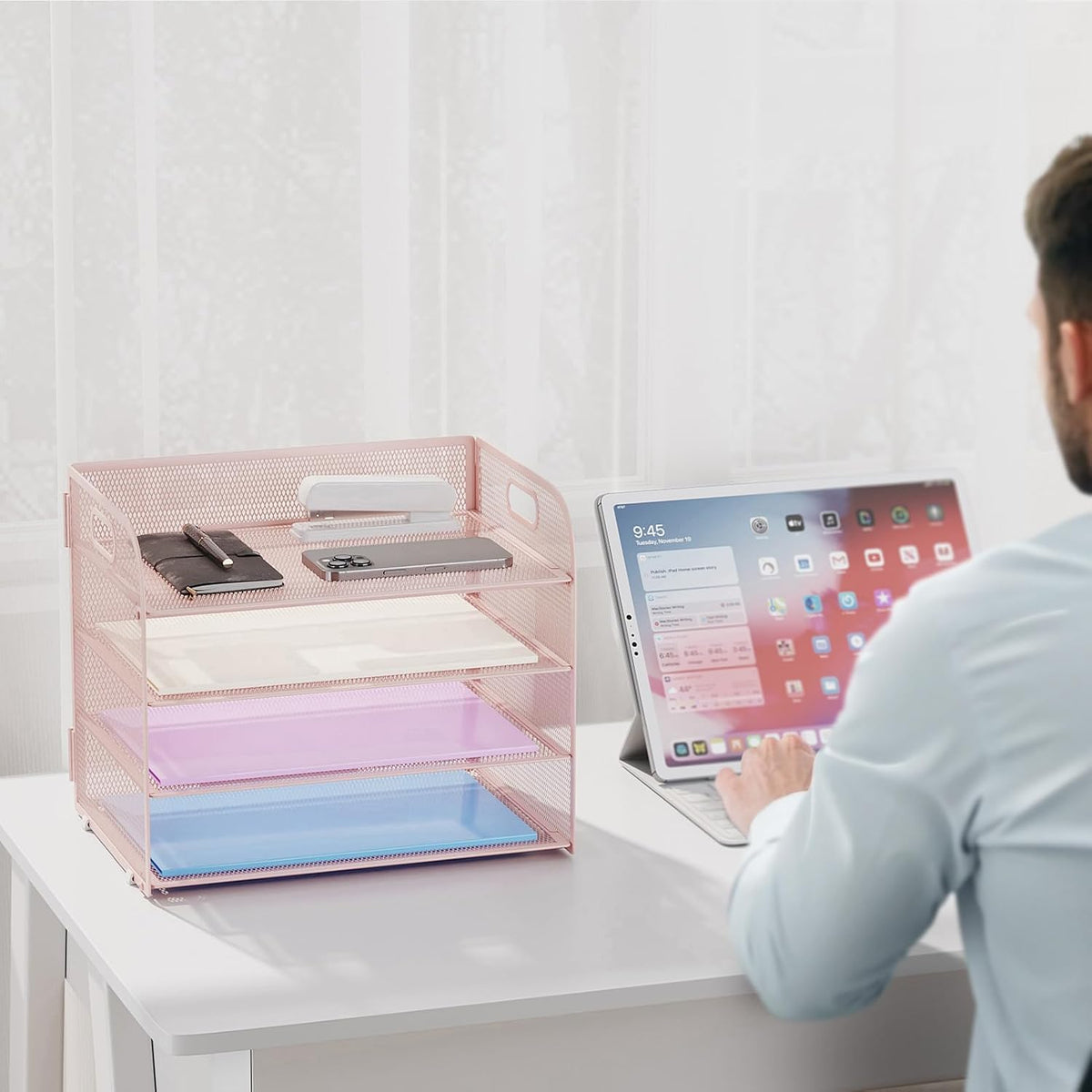 4 Tier Paper Organizer Letter Tray - Mesh Desk File Organizer with Handle, Paper Sorter Organizer for Letter/A4 Office File Folder Holder (Black, 12.6" x 9.1" x 10.7")