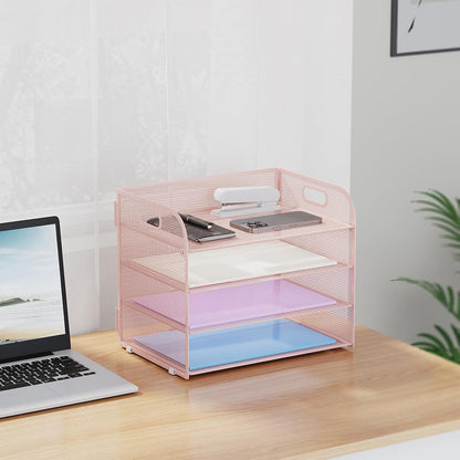 4 Tier Paper Organizer Letter Tray - Mesh Desk File Organizer with Handle, Paper Sorter Organizer for Letter/A4 Office File Folder Holder (Black, 12.6" x 9.1" x 10.7")
