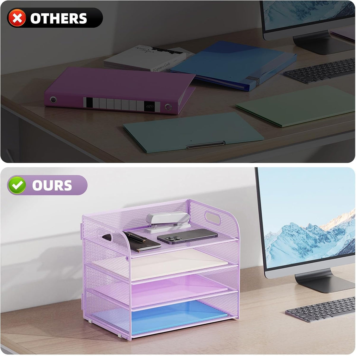 4 Tier Paper Organizer Letter Tray - Mesh Desk File Organizer with Handle, Paper Sorter Organizer for Letter/A4 Office File Folder Holder (Black, 12.6" x 9.1" x 10.7")
