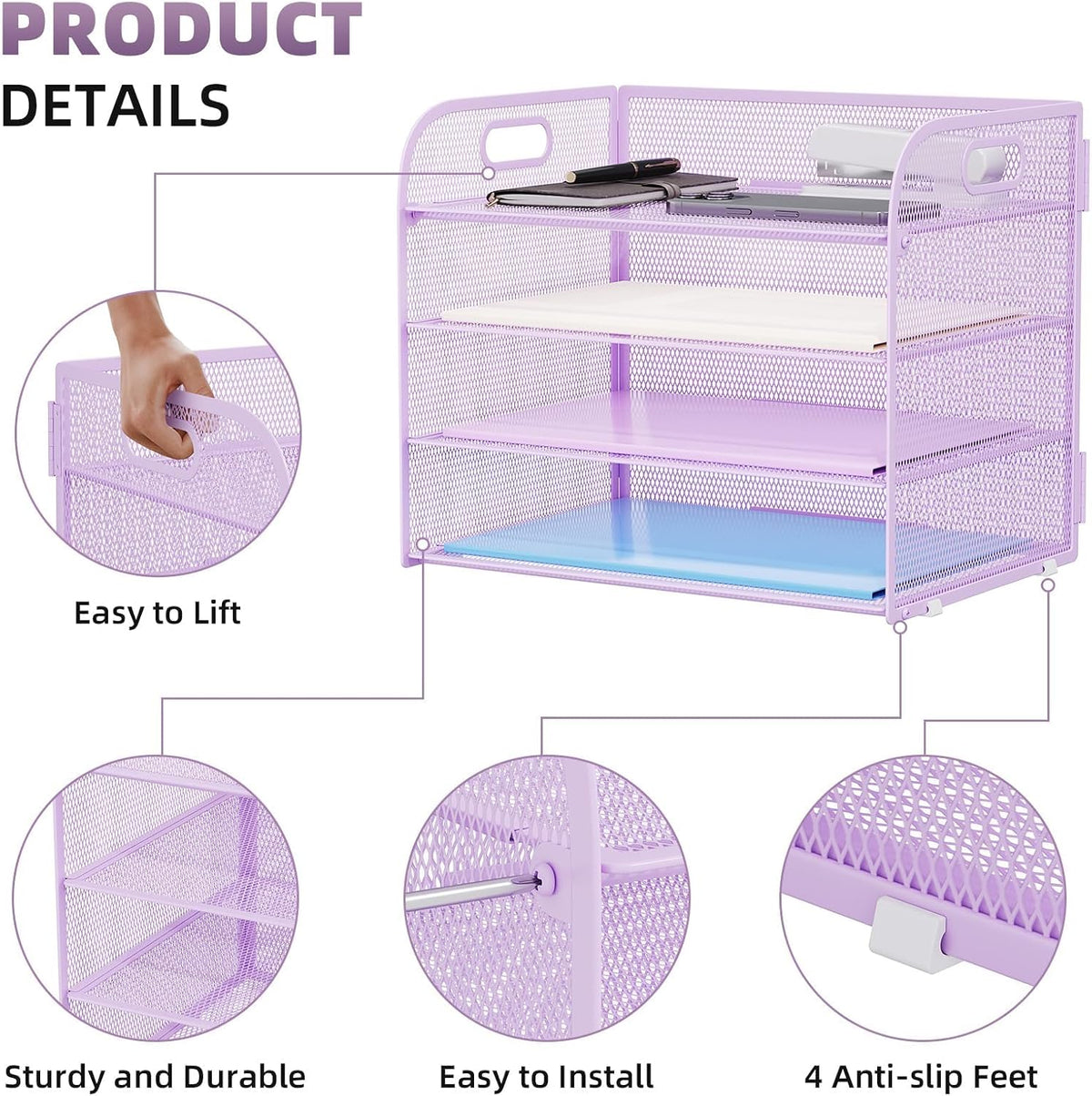 4 Tier Paper Organizer Letter Tray - Mesh Desk File Organizer with Handle, Paper Sorter Organizer for Letter/A4 Office File Folder Holder (Black, 12.6" x 9.1" x 10.7")