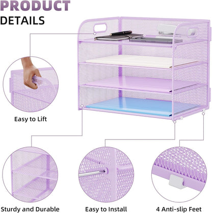 4 Tier Paper Organizer Letter Tray - Mesh Desk File Organizer with Handle, Paper Sorter Organizer for Letter/A4 Office File Folder Holder (Black, 12.6" x 9.1" x 10.7")