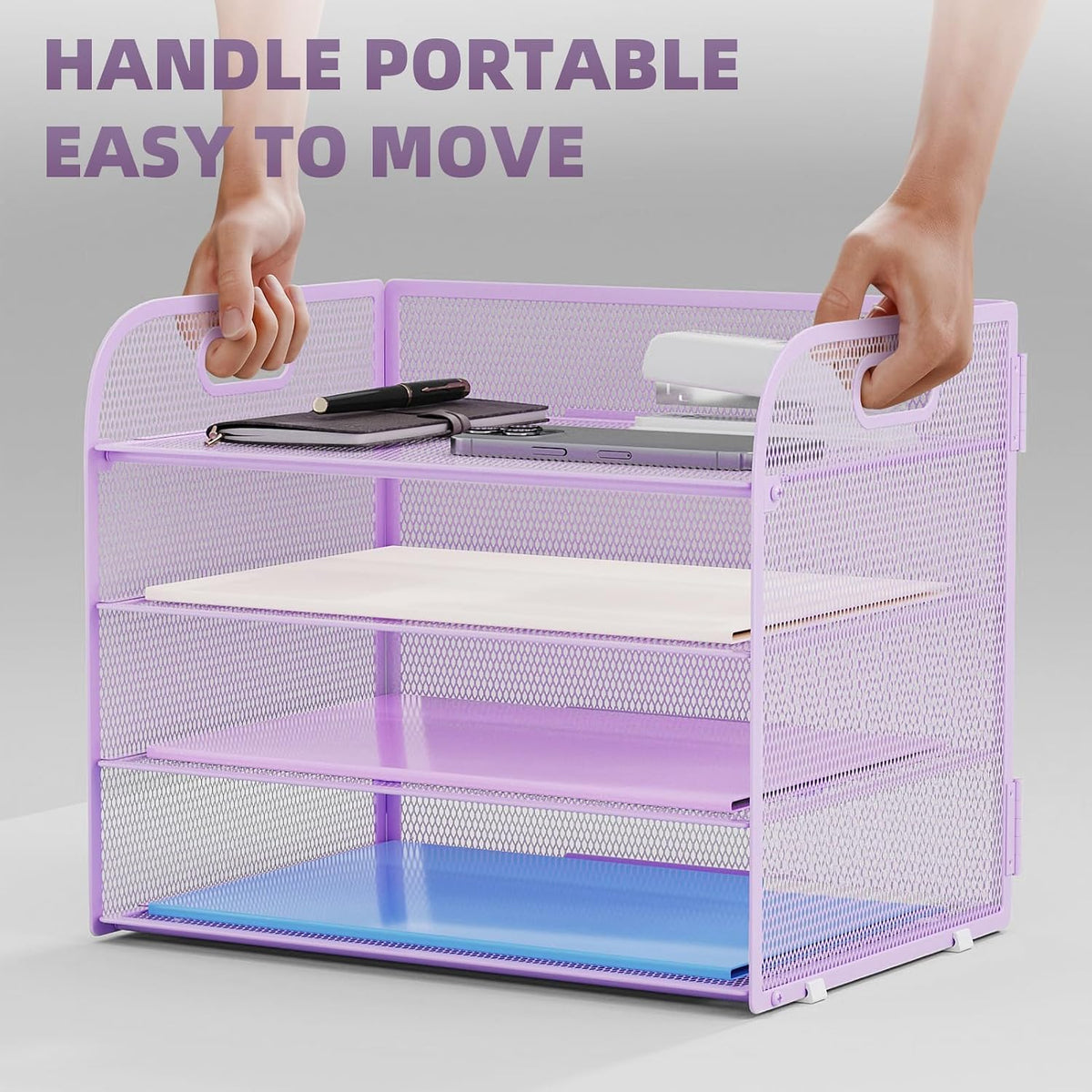 4 Tier Paper Organizer Letter Tray - Mesh Desk File Organizer with Handle, Paper Sorter Organizer for Letter/A4 Office File Folder Holder (Black, 12.6" x 9.1" x 10.7")