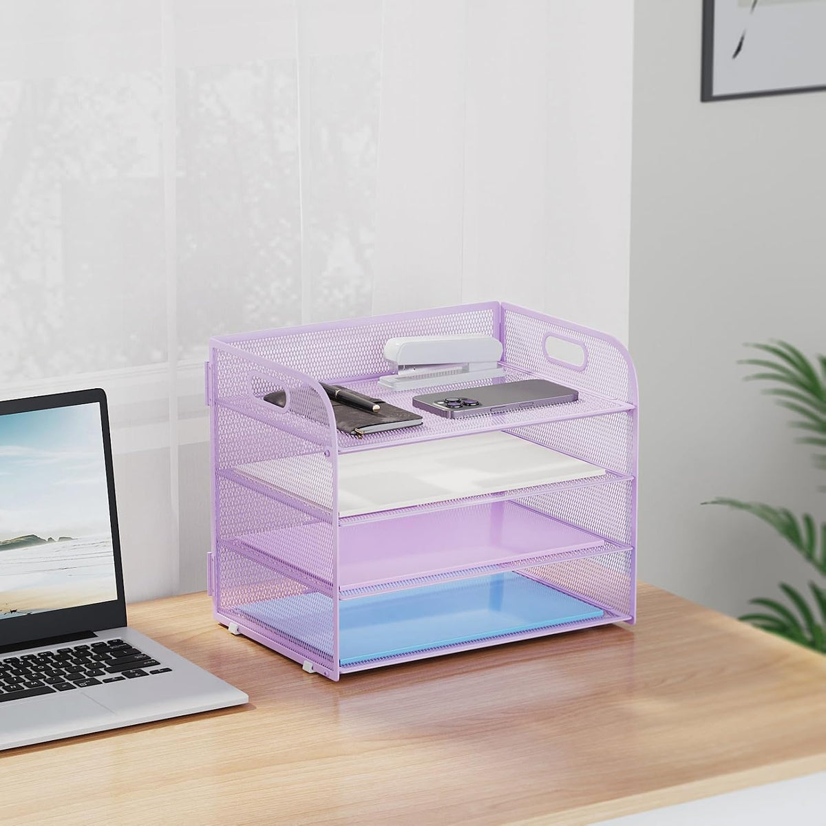 4 Tier Paper Organizer Letter Tray - Mesh Desk File Organizer with Handle, Paper Sorter Organizer for Letter/A4 Office File Folder Holder (Black, 12.6" x 9.1" x 10.7")