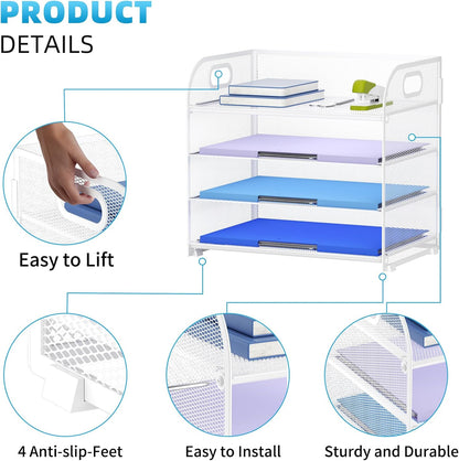 4 Tier Paper Organizer Letter Tray - Mesh Desk File Organizer with Handle, Paper Sorter Organizer for Letter/A4 Office File Folder Holder (Black, 12.6" x 9.1" x 10.7")
