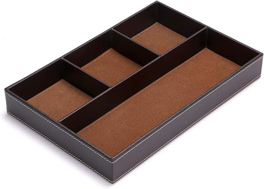4 slots Desk Drawer Organizer, PU Leather Drawer Storage Organizer Divider for Office Desk Supplies Value Collection and Accessories Multi-Purpose Storage Desktop Organizer Tray(Brown)