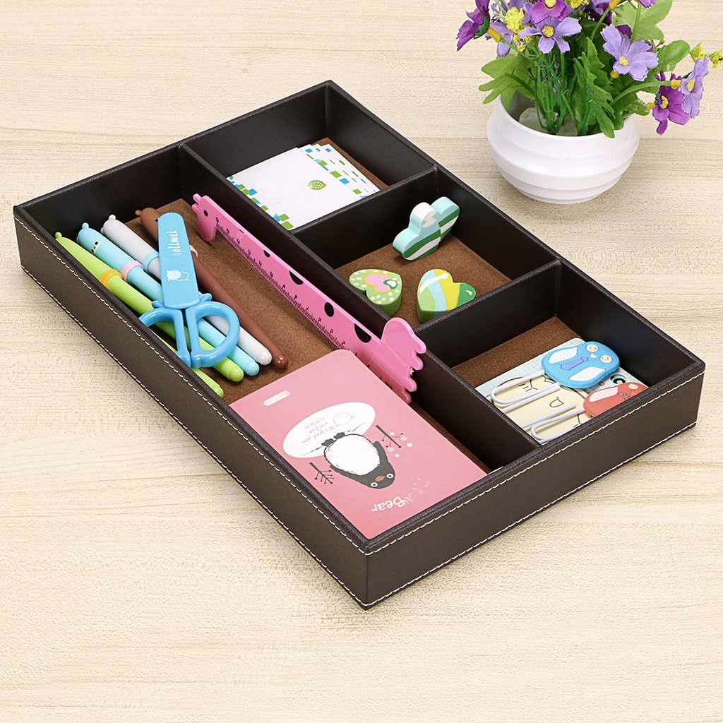 4 slots Desk Drawer Organizer, PU Leather Drawer Storage Organizer Divider for Office Desk Supplies Value Collection and Accessories Multi-Purpose Storage Desktop Organizer Tray(Brown)