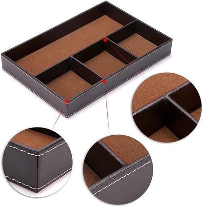 4 slots Desk Drawer Organizer, PU Leather Drawer Storage Organizer Divider for Office Desk Supplies Value Collection and Accessories Multi-Purpose Storage Desktop Organizer Tray(Brown)