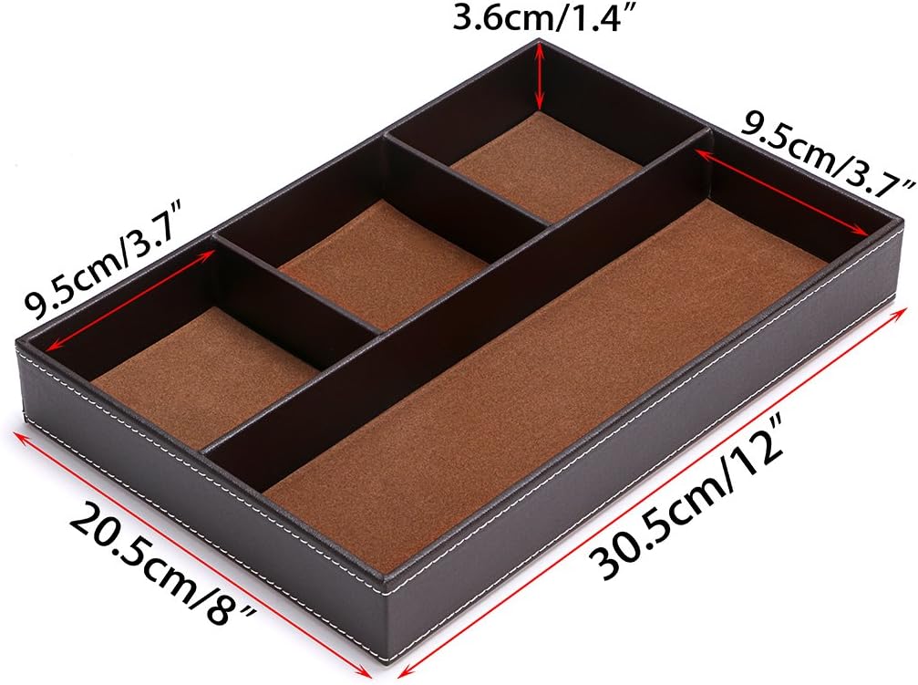 4 slots Desk Drawer Organizer, PU Leather Drawer Storage Organizer Divider for Office Desk Supplies Value Collection and Accessories Multi-Purpose Storage Desktop Organizer Tray(Brown)
