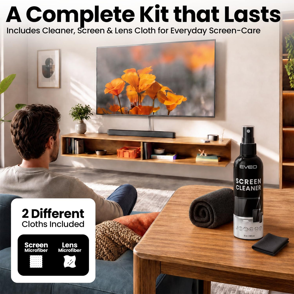 Screen Cleaner Spray and Wipe - TV screen cleaner spray and 2 Microfiber cloths, Computer Screen Cleaner, TV screen cleaner for Smart TV & Monitor, Laptop, MacBook, iPad and Electronic Devices - (2oz)