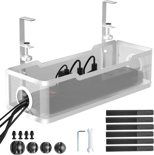 Under Desk Cable Management Tray White, Wire Organizers No Drill, Cable Tray with Clamp for Wire Management, Cord Organization Box for Office, Home - No Damage to Desk
